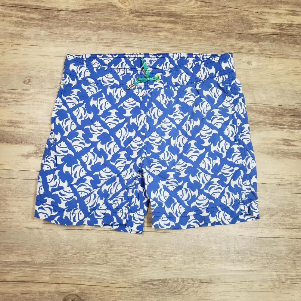 J.Crew Swim Shorts Boys Small Blue Fish Print Mesh Lined Elastic Waist Trunks